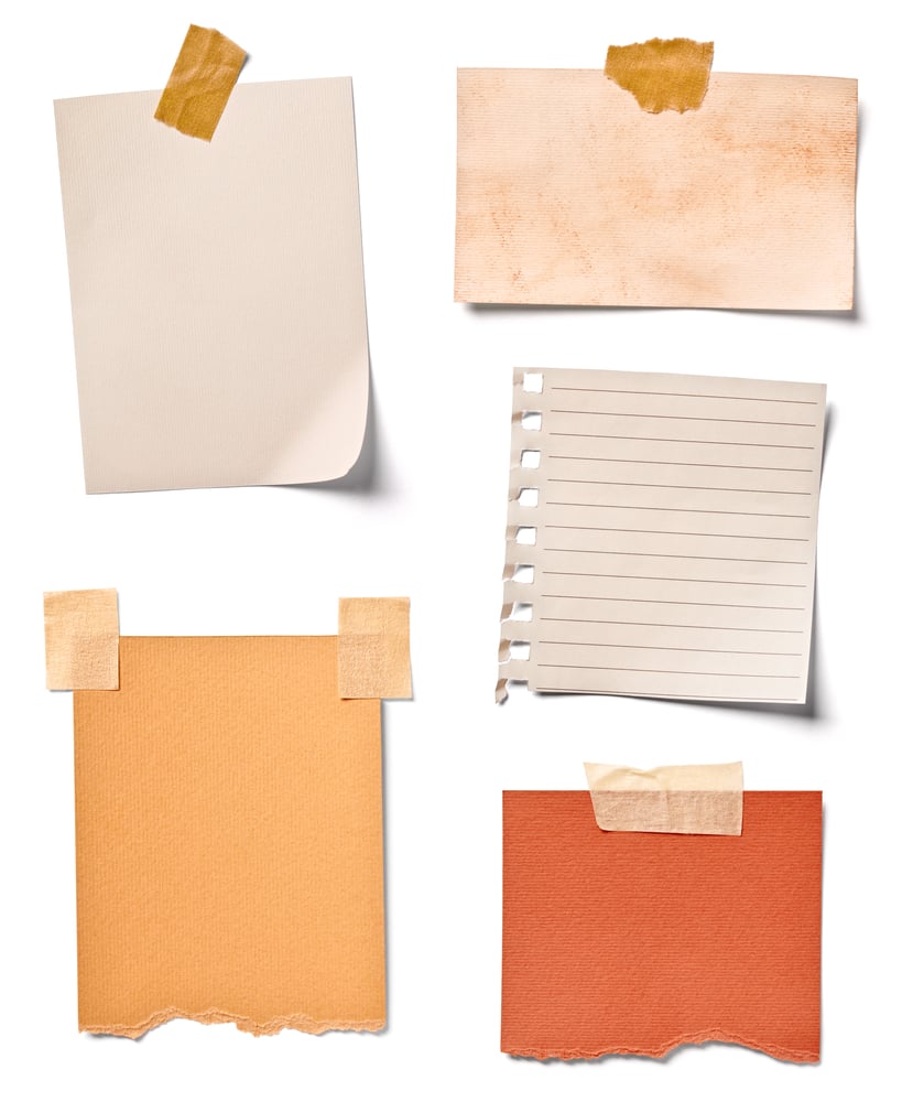 collection of  various vintage note papers on white background. each one is shot separately