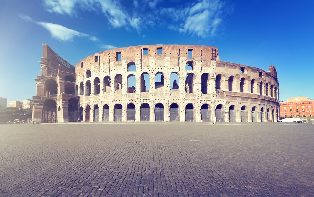 sunset and Colosseum in Rome, Italy
