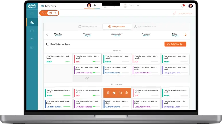 The Colearn Planner helps parents stay organized by managing complex routines and tasks, navigating best-in-class resources, and helping learners stay on track